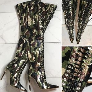 Metallic Camouflage Handmade Leather Thigh Boots 7